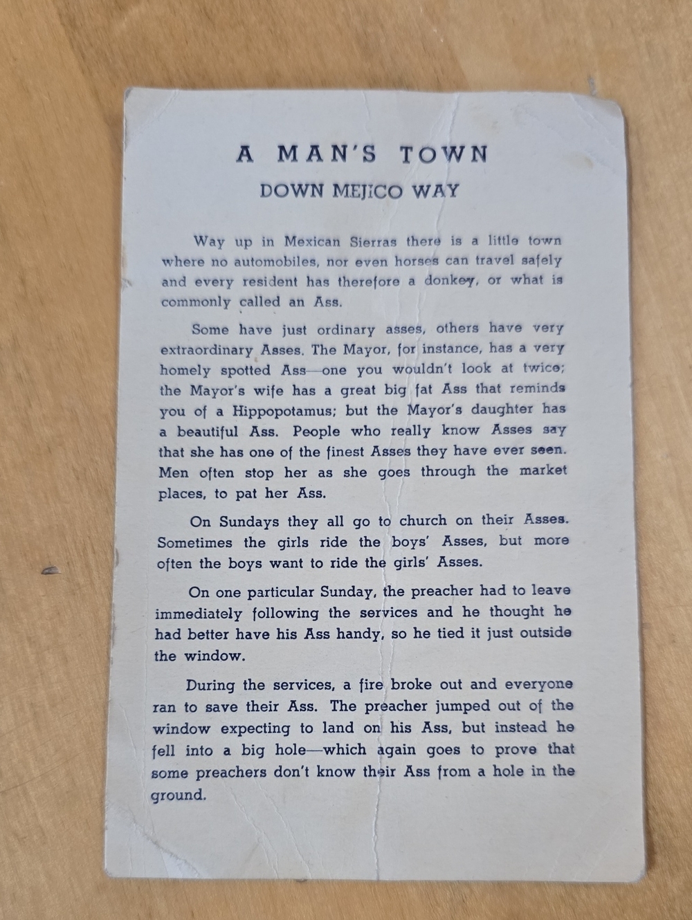 Vintage Ass Joke "A Man's Town"